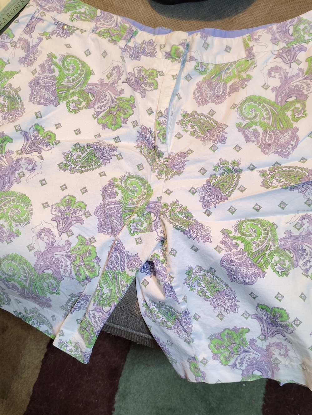 Allyson Whitmore White Paisley Shorts with Lavender and Lime Accents